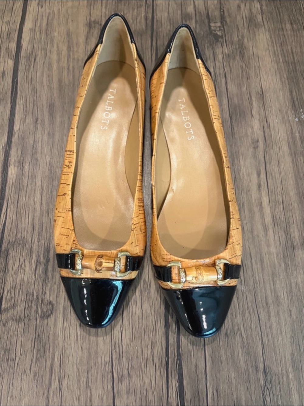 TALBOTS Cork Bamboo Ballet Flats 9 Patent Leather Black Workwear Casual Luxury